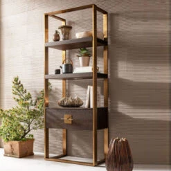 Open Wandkast Messing Met Hout -BEPUREHOME Winkel kare design osaka open wandkast messing met hout 02